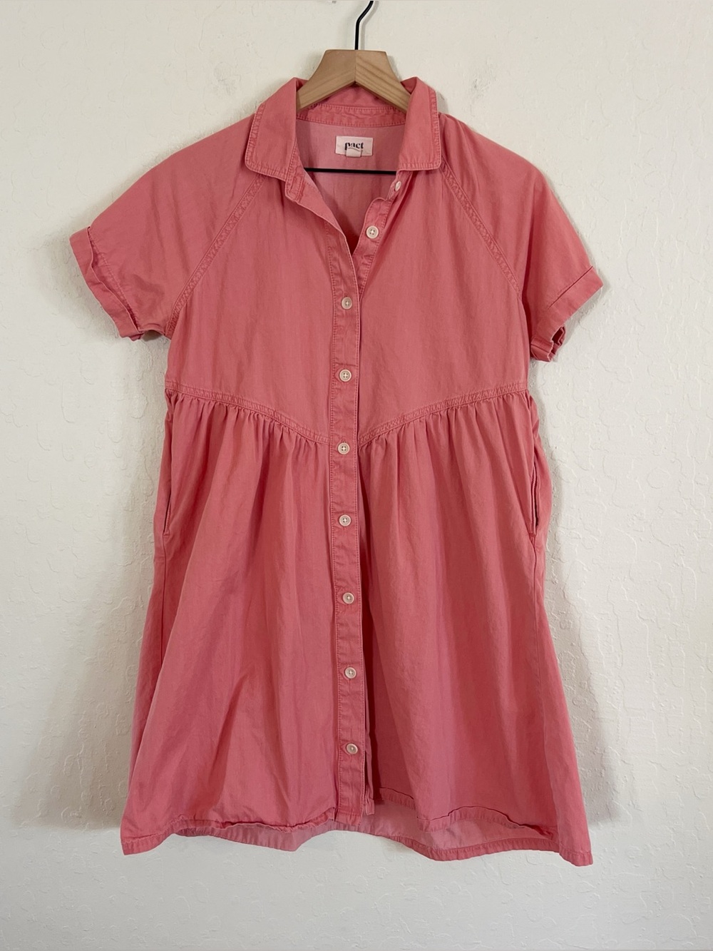 Pact 100% Organic Cotton Chambray Denim Short Sleeve Shirt Dress Small Sand Pink - Picture 5 of 9